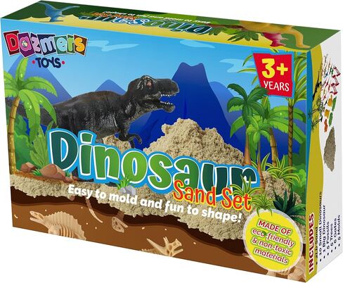 Dinosaur Play Sand Kit - Sensory Bin Sandbox, 2 Bags of Safe Sand and 34 Pieces - Feels Like Wet Sand Without The Mess - Comes with Bin, Lid, Dinosaur Figures, Dino Molds, Trees, Fences in Saudi Arabia