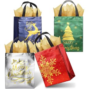 16 Pack Christmas Gift Bags Bulk with Tissue Paper 10x8x4", Reusable Non-Woven Christmas Tote Bags with Handles Medium Size, Holiday Gift Bag for Wrapping Xmas Winter New Year Presents Party Favors in Kuwait