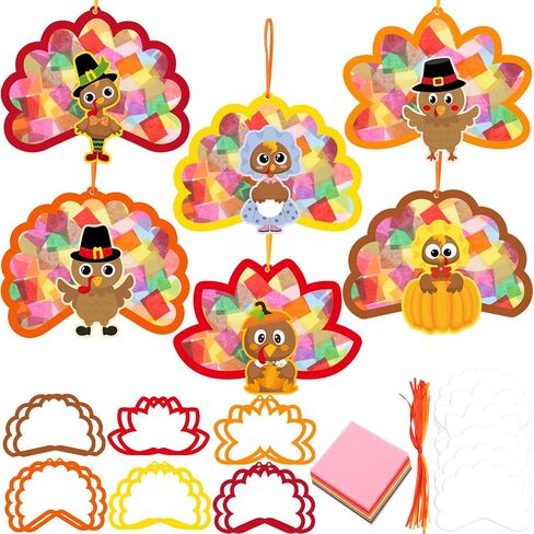Ceiba Tree 24Pcs Thanksgiving Suncatcher Crafts for Kids Turkey Fall Craft with Turkey Cutouts and Tissue Paper Autumn DIY Window Stained Glass Art Kit Party Classroom Supplies in Saudi Arabia