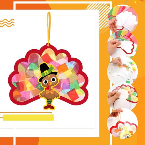 Ceiba Tree 24Pcs Thanksgiving Suncatcher Crafts for Kids Turkey Fall Craft with Turkey Cutouts and Tissue Paper Autumn DIY Window Stained Glass Art Kit Party Classroom Supplies in Saudi Arabia