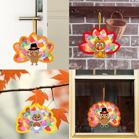 Ceiba Tree 24Pcs Thanksgiving Suncatcher Crafts for Kids Turkey Fall Craft with Turkey Cutouts and Tissue Paper Autumn DIY Window Stained Glass Art Kit Party Classroom Supplies in Saudi Arabia