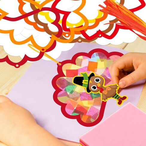 Ceiba Tree 24Pcs Thanksgiving Suncatcher Crafts for Kids Turkey Fall Craft with Turkey Cutouts and Tissue Paper Autumn DIY Window Stained Glass Art Kit Party Classroom Supplies in Saudi Arabia