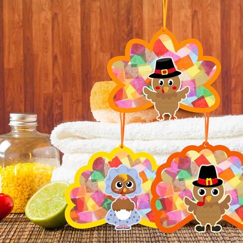Ceiba Tree 24Pcs Thanksgiving Suncatcher Crafts for Kids Turkey Fall Craft with Turkey Cutouts and Tissue Paper Autumn DIY Window Stained Glass Art Kit Party Classroom Supplies in Saudi Arabia