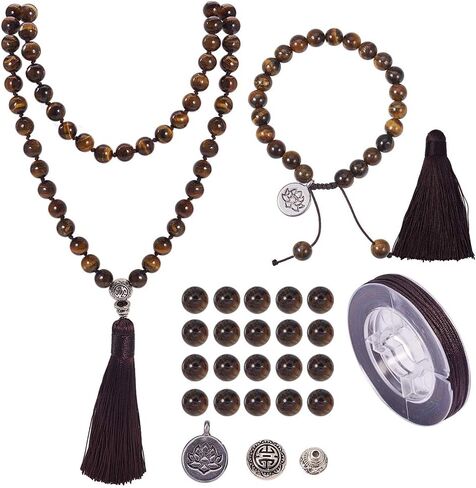SUNNYCLUE 1 Set 108 Tiger Eye Gemstone Mala Beads/Buddha Beaded Necklace Jewelry Making Kit - DIY Make 1 Hand Knotted Prayer Tassel Pendant Necklace and 1 Adjustable Mala Wrap Beaded Bracelet in Saudi Arabia