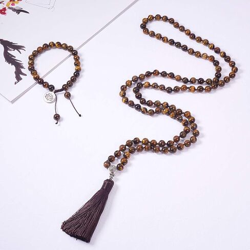 SUNNYCLUE 1 Set 108 Tiger Eye Gemstone Mala Beads/Buddha Beaded Necklace Jewelry Making Kit - DIY Make 1 Hand Knotted Prayer Tassel Pendant Necklace and 1 Adjustable Mala Wrap Beaded Bracelet in Saudi Arabia