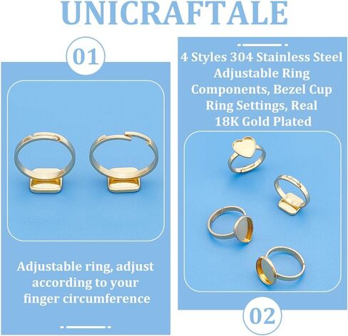 UNICRAFTALE 32 قطعة 4 أنماط حلقة إصبع فارغة 17 مم داخلية من الفولاذ المقاوم للصدأ قابلة للتعديل مكونات حلقة معدنية مربعة ومستديرة مكونات حلقة القلب وصينية الدمعة لصنع الخواتم in Saudi Arabia