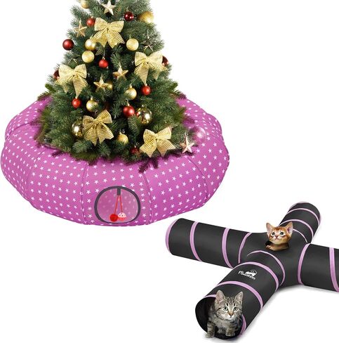 Pawaboo Cat Tunnel Christmas Sock with Bell Balls, Upgraded 2 Way Cat Tunnel Interactive Toy, Pet Xmas Stocking with Crinkle Paper & Strong Spring-Steel Frame for Cat Kitten Kitty, Red Christmas Tree in Kuwait