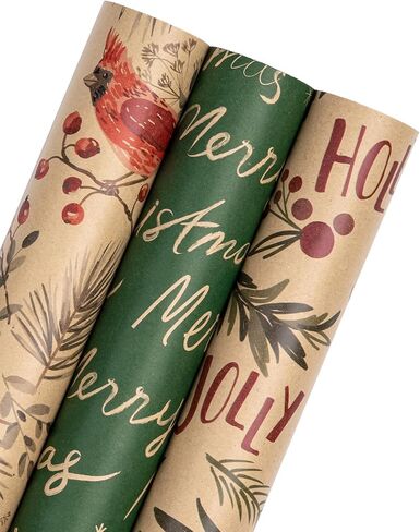 WRAPAHOLIC Christmas Kraft Wrapping Paper Roll - Mini Roll - 17 Inch x 10 Feet per Roll, Total 3 Rolls (42.6 Sq. Ft.) - Ideal for Xmas Gifts for Women and Holiday Gift Wrapping in Saudi Arabia