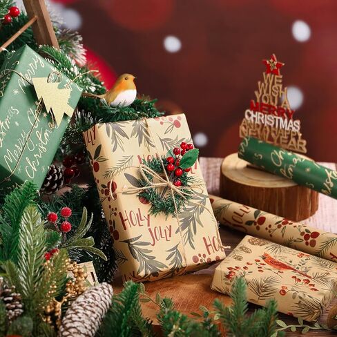 WRAPAHOLIC Christmas Kraft Wrapping Paper Roll - Mini Roll - 17 Inch x 10 Feet per Roll, Total 3 Rolls (42.6 Sq. Ft.) - Ideal for Xmas Gifts for Women and Holiday Gift Wrapping in Saudi Arabia