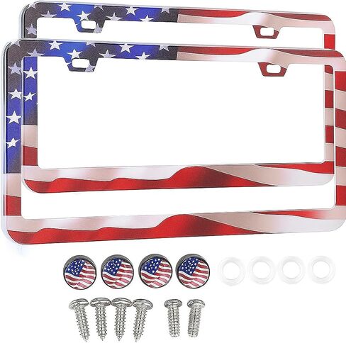 American Flag License Plate Frames for Car, Patriotic USA Stars and Stripes with Screws and Screw Covers, License Plate Frame Holders, Vintage Style (2 Pack) in Kuwait