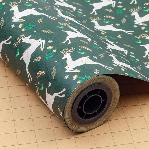 LDGOOAEL Mini Christmas Kraft Wrap Paper Jumbo Roll (17 بوصة × 100 قدم) خطوط سهلة القطع على الظهر - غزال أخضر للهدايا الصغيرة والمتوسطة، حفلة عيد الميلاد in Kuwait