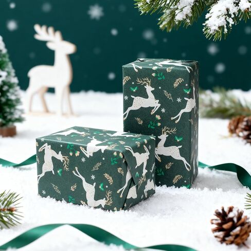 LDGOOAEL Mini Christmas Kraft Wrap Paper Jumbo Roll (17 بوصة × 100 قدم) خطوط سهلة القطع على الظهر - غزال أخضر للهدايا الصغيرة والمتوسطة، حفلة عيد الميلاد in Kuwait