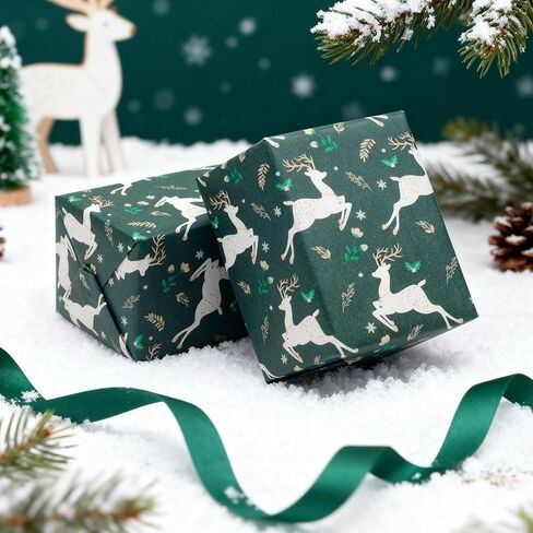 LDGOOAEL Mini Christmas Kraft Wrap Paper Jumbo Roll (17 بوصة × 100 قدم) خطوط سهلة القطع على الظهر - غزال أخضر للهدايا الصغيرة والمتوسطة، حفلة عيد الميلاد in Kuwait