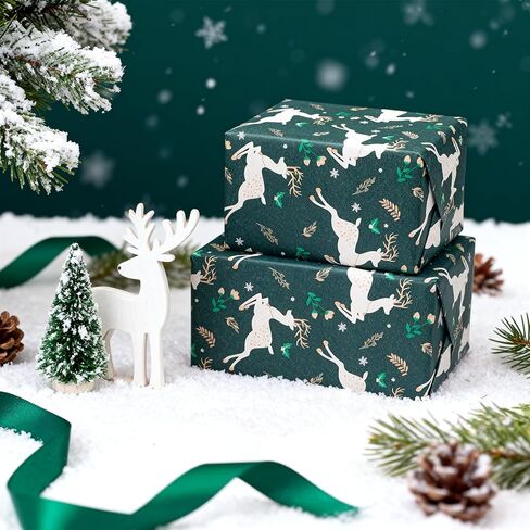 LDGOOAEL Mini Christmas Kraft Wrap Paper Jumbo Roll (17 بوصة × 100 قدم) خطوط سهلة القطع على الظهر - غزال أخضر للهدايا الصغيرة والمتوسطة، حفلة عيد الميلاد in Kuwait