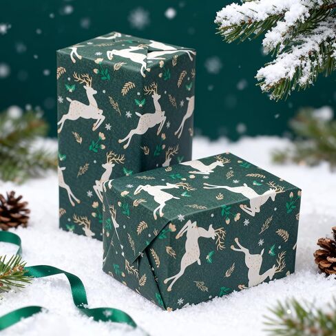LDGOOAEL Mini Christmas Kraft Wrap Paper Jumbo Roll (17 بوصة × 100 قدم) خطوط سهلة القطع على الظهر - غزال أخضر للهدايا الصغيرة والمتوسطة، حفلة عيد الميلاد in Kuwait