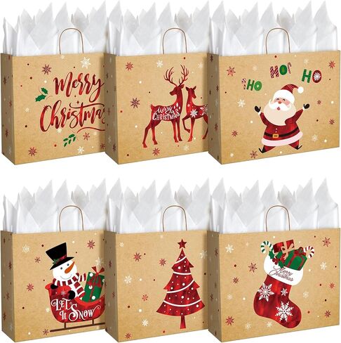 12 Sets Christmas Extra Large Gift Bags Decorations,Red Foil Snowman Party Favor Bags with White Tissue Paper, 6 Style Kraft Snowflake Goodie Bag with Handle for Xmas New Year Holiday Party Supplies in Saudi Arabia