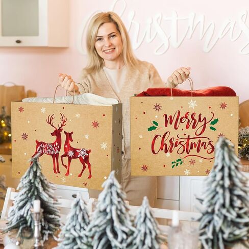 12 Sets Christmas Extra Large Gift Bags Decorations,Red Foil Snowman Party Favor Bags with White Tissue Paper, 6 Style Kraft Snowflake Goodie Bag with Handle for Xmas New Year Holiday Party Supplies in Saudi Arabia