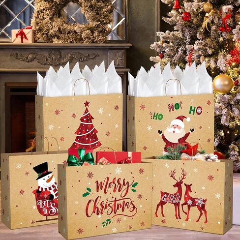 12 Sets Christmas Extra Large Gift Bags Decorations,Red Foil Snowman Party Favor Bags with White Tissue Paper, 6 Style Kraft Snowflake Goodie Bag with Handle for Xmas New Year Holiday Party Supplies in Saudi Arabia