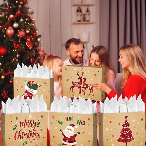 12 Sets Christmas Extra Large Gift Bags Decorations,Red Foil Snowman Party Favor Bags with White Tissue Paper, 6 Style Kraft Snowflake Goodie Bag with Handle for Xmas New Year Holiday Party Supplies in Saudi Arabia
