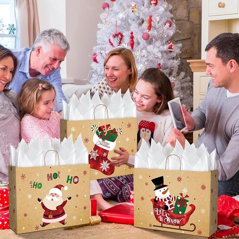 12 Sets Christmas Extra Large Gift Bags Decorations,Red Foil Snowman Party Favor Bags with White Tissue Paper, 6 Style Kraft Snowflake Goodie Bag with Handle for Xmas New Year Holiday Party Supplies in Saudi Arabia