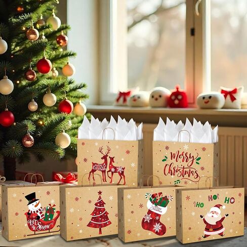 12 Sets Christmas Extra Large Gift Bags Decorations,Red Foil Snowman Party Favor Bags with White Tissue Paper, 6 Style Kraft Snowflake Goodie Bag with Handle for Xmas New Year Holiday Party Supplies in Saudi Arabia