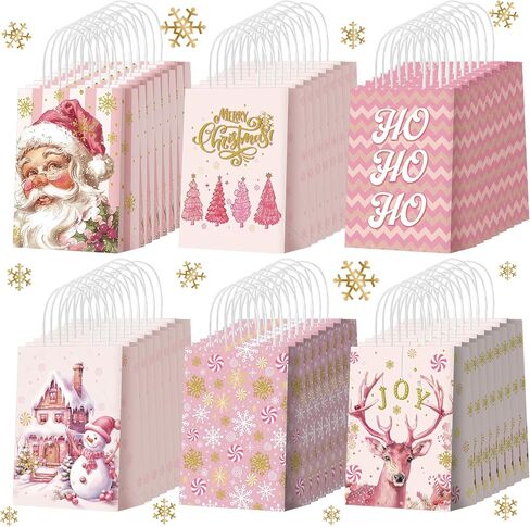 Kolldenn 24 Pcs Pastel Christmas Party Favors Bags Pink Christmas Goodie Gift Paper Bags with Handles Pastel Striped Xmas Tree Truck Candy Treat Pouch for Xmas Party Decorations Holiday Supplies in Saudi Arabia