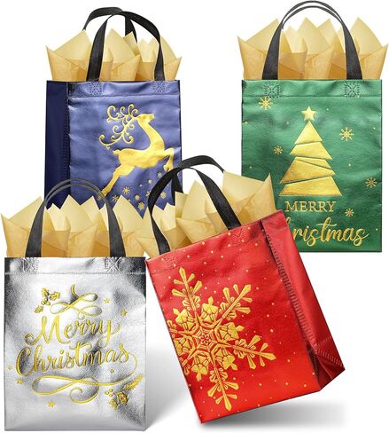 16 حزمة من أكياس هدايا عيد الميلاد السائبة مع مناديل ورقية مقاس 10 × 8 × 4 بوصة، حقائب حمل عيد الميلاد غير المنسوجة قابلة لإعادة الاستخدام مع مقابض متوسطة الحجم، حقيبة هدايا للعطلات لتغليف هدايا عيد الميلاد والشتاء والعام الجديد هدايا الحفلات in Kuwait