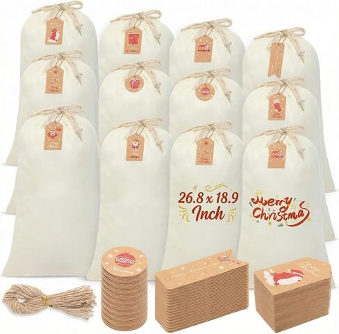 Clysee 12 Pcs Sublimation Blank Christmas Santa Sacks Bags Large Christmas Gift Bags Xmas Cheese Cloths Muslin Drawstring with 50 Kraft Paper Tags and Strings for DIY, 26.8 x 18.9 Inch in Saudi Arabia