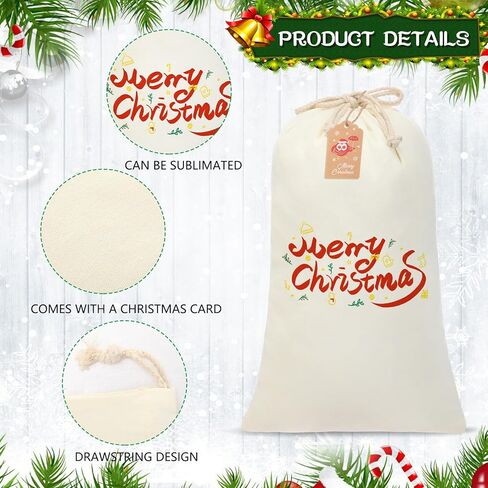 Clysee 12 Pcs Sublimation Blank Christmas Santa Sacks Bags Large Christmas Gift Bags Xmas Cheese Cloths Muslin Drawstring with 50 Kraft Paper Tags and Strings for DIY, 26.8 x 18.9 Inch in Saudi Arabia