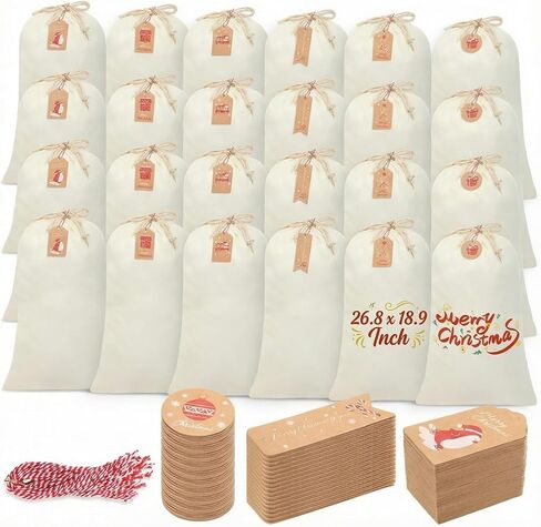Clysee 12 Pcs Sublimation Blank Christmas Santa Sacks Bags Large Christmas Gift Bags Xmas Cheese Cloths Muslin Drawstring with 50 Kraft Paper Tags and Strings for DIY, 26.8 x 18.9 Inch in Saudi Arabia