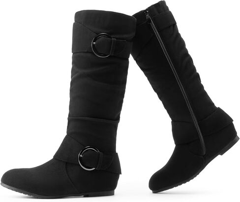 حذاء DREAM PAIRS للسيدات بطول الركبة ومنخفض بكعب عريض مخفي من الجلد السويدي وبطانة من الفرو الصناعي وسحاب جانبي للركبة، مقاس 7.5، أسود، URA in Saudi Arabia