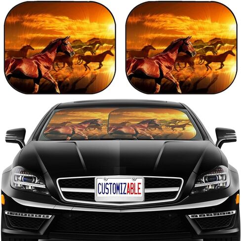 MSD Car Sun Shade Windshield Sunshade Universal Fit 2 Pack، كتلة وهج الشمس، الأشعة فوق البنفسجية والحرارة، حماية الجزء الداخلي للسيارة، معرف الصورة: الخيول البرية تعمل ضد صورة غروب الشمس الملونة 789150 وصمة عار in Kuwait