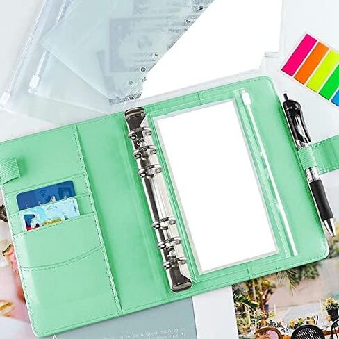 17 Pcs A6 PU Leather Binder Cover with Plastic Pockets Loose Leaf Bags 6 Ring Cash Budget Envelopes System(Blue) in Saudi Arabia