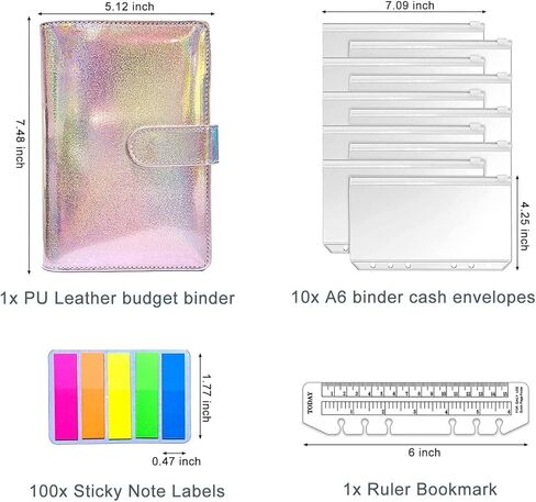 A6 PU Leather Binder Budget Notebook Envelopes Planner Organizer System with 10pcs Zipper Pockets,100 Labels, 1Ruler(Purple) in Saudi Arabia