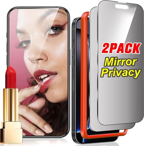 2 Pack Mirror Screen Protector for iPhone 14 and iPhone 13/13 Pro Tempered Glass Mirrored Effect Anti-Spy Full Coverage Easy Installation Frame 9H Hardness Anti-Scratch 6.1 inch (Silver) in Kuwait