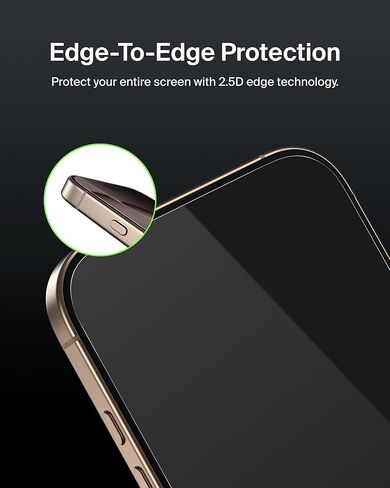Belkin ScreenForce InvisiGlass Treated Screen Protector for iPhone 16, iPhone 15, & iPhone 14 Pro, Scratch-Resistant Impact Protection w/ Included Easy Align Tray for Bubble Free Application - Made with Recycled Glass in Saudi Arabia