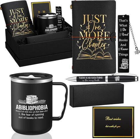 Shellwei 6 Pcs Christmas Book Lovers Gifts for Men Women 17 oz Abibliophobia Coffee Mugs Leather Journal Notebook with Ballpoint Pen Metal Bookmark Greeting Card Box Gifts for Librarian Bookish in Saudi Arabia