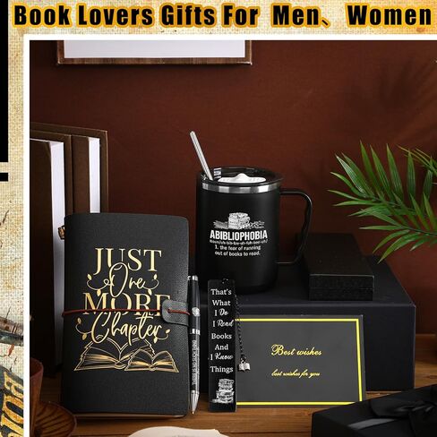 Shellwei 6 Pcs Christmas Book Lovers Gifts for Men Women 17 oz Abibliophobia Coffee Mugs Leather Journal Notebook with Ballpoint Pen Metal Bookmark Greeting Card Box Gifts for Librarian Bookish in Saudi Arabia