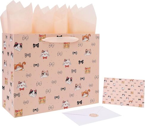 wishinside 13'' Large Cat & Bow Gift Bag Set with Handles, Greeting Card, Pink Tissue Papers and Stickers for Women Girls for Birthday, Wedding, Bridal Shower, Baby Shower, Cat Design, 1 Pcs in Saudi Arabia