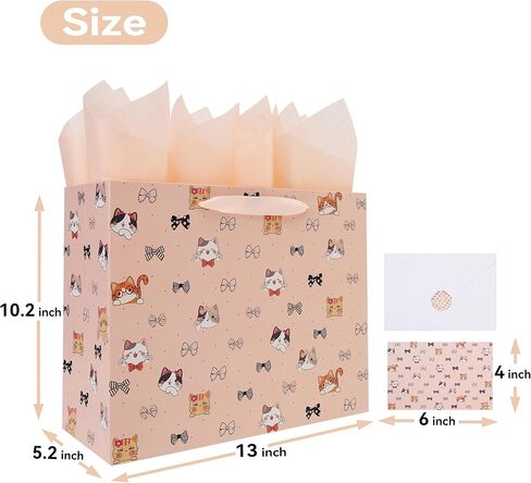 wishinside 13'' Large Cat & Bow Gift Bag Set with Handles, Greeting Card, Pink Tissue Papers and Stickers for Women Girls for Birthday, Wedding, Bridal Shower, Baby Shower, Cat Design, 1 Pcs in Saudi Arabia