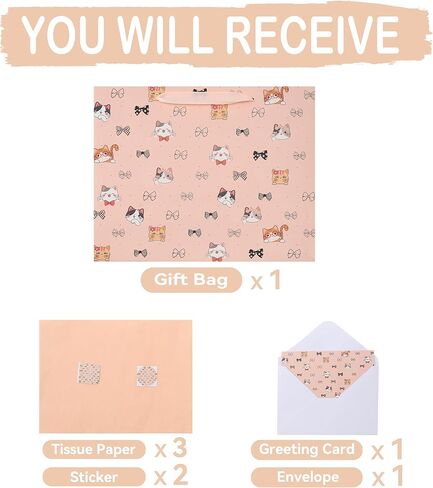 wishinside 13'' Large Cat & Bow Gift Bag Set with Handles, Greeting Card, Pink Tissue Papers and Stickers for Women Girls for Birthday, Wedding, Bridal Shower, Baby Shower, Cat Design, 1 Pcs in Saudi Arabia