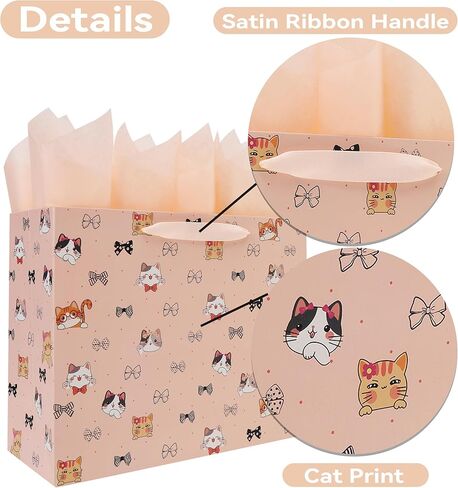 wishinside 13'' Large Cat & Bow Gift Bag Set with Handles, Greeting Card, Pink Tissue Papers and Stickers for Women Girls for Birthday, Wedding, Bridal Shower, Baby Shower, Cat Design, 1 Pcs in Saudi Arabia