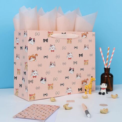 wishinside 13'' Large Cat & Bow Gift Bag Set with Handles, Greeting Card, Pink Tissue Papers and Stickers for Women Girls for Birthday, Wedding, Bridal Shower, Baby Shower, Cat Design, 1 Pcs in Saudi Arabia