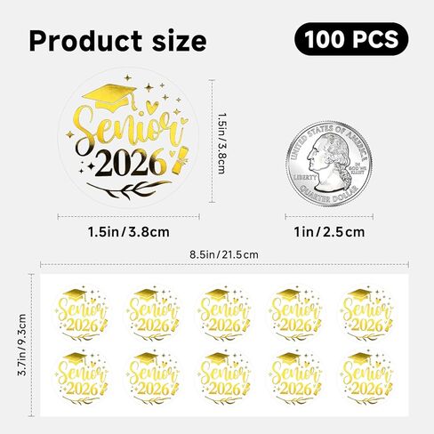 100 × ملصقات تخرج لكبار السن 2026 - ملصقات منقوشة برقائق ذهبية شفافة - ملصقات ذهبية شفافة لكبار السن للدعوات والأظرف ومفضلات الحفلات (1.5 بوصة) in Kuwait