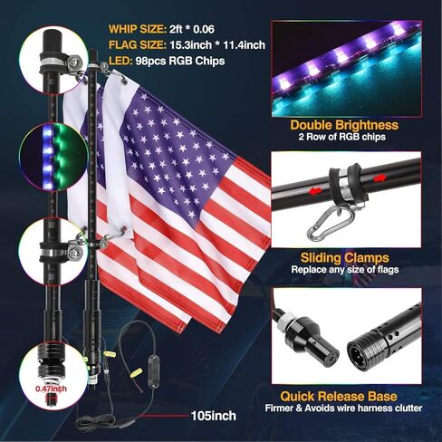 4FT سوط ضوء RGB LED مضاء هوائي سوط RGB LED السياط لـ Can-am x3 Polaris RZR Ranger UTV جنبًا إلى جنب ATV Dune Buggy Truck Pickup 4 Wheeler in Saudi Arabia