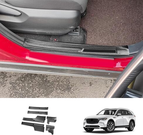 Door Sill Protector Compatible with Mazda CX-90 2024-2026, Stainless Steel Scuff Plate Guard, Interior Car Door Entry Trim Cover, 6PCS, Carbon Fiber Pattern in Saudi Arabia