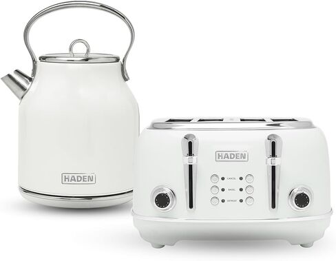 Haden Heritage 75012 1.7 Liter Stainless Steel Body Retro Electric Tea Kettle, White and Haden Heritage 75013 4 Slice Wide Slot Stainless Steel Retro Toaster, White in Kuwait