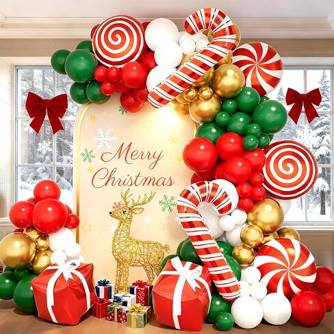 148 قطعة من بالونات عيد الميلاد باللون الأحمر والأخضر والأبيض والذهبي مع علبة حلوى عيد الميلاد، بالونات فويل صندوق هدايا لديكورات عيد الميلاد للأطفال وديكورات حفلات أعياد الميلاد والعام الجديد in Kuwait