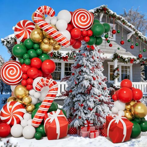 148 قطعة من بالونات عيد الميلاد باللون الأحمر والأخضر والأبيض والذهبي مع علبة حلوى عيد الميلاد، بالونات فويل صندوق هدايا لديكورات عيد الميلاد للأطفال وديكورات حفلات أعياد الميلاد والعام الجديد in Kuwait