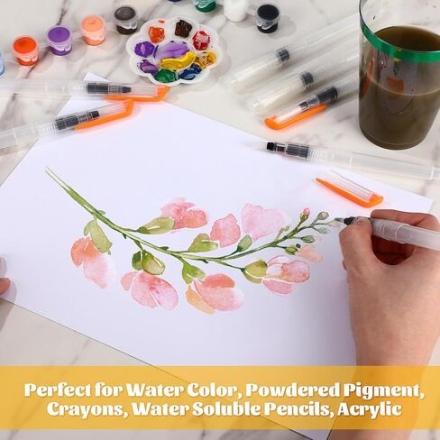 60 Pcs Water Brush Pen Set, 3 Sized Refillable Watercolor Paint Pen Water Drawing Brush for Acrylic and Gouache Painting Blending, Includes Pointed & Flat Tip Styles(Orange) in Saudi Arabia